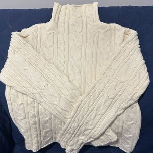 Nautica Ivory Thick Cable Knit Rolled Neck Turtleneck Sweater XL Runs Small